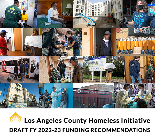 Collage of community members and service providers working together to support individuals experiencing homelessness in Los Angeles.