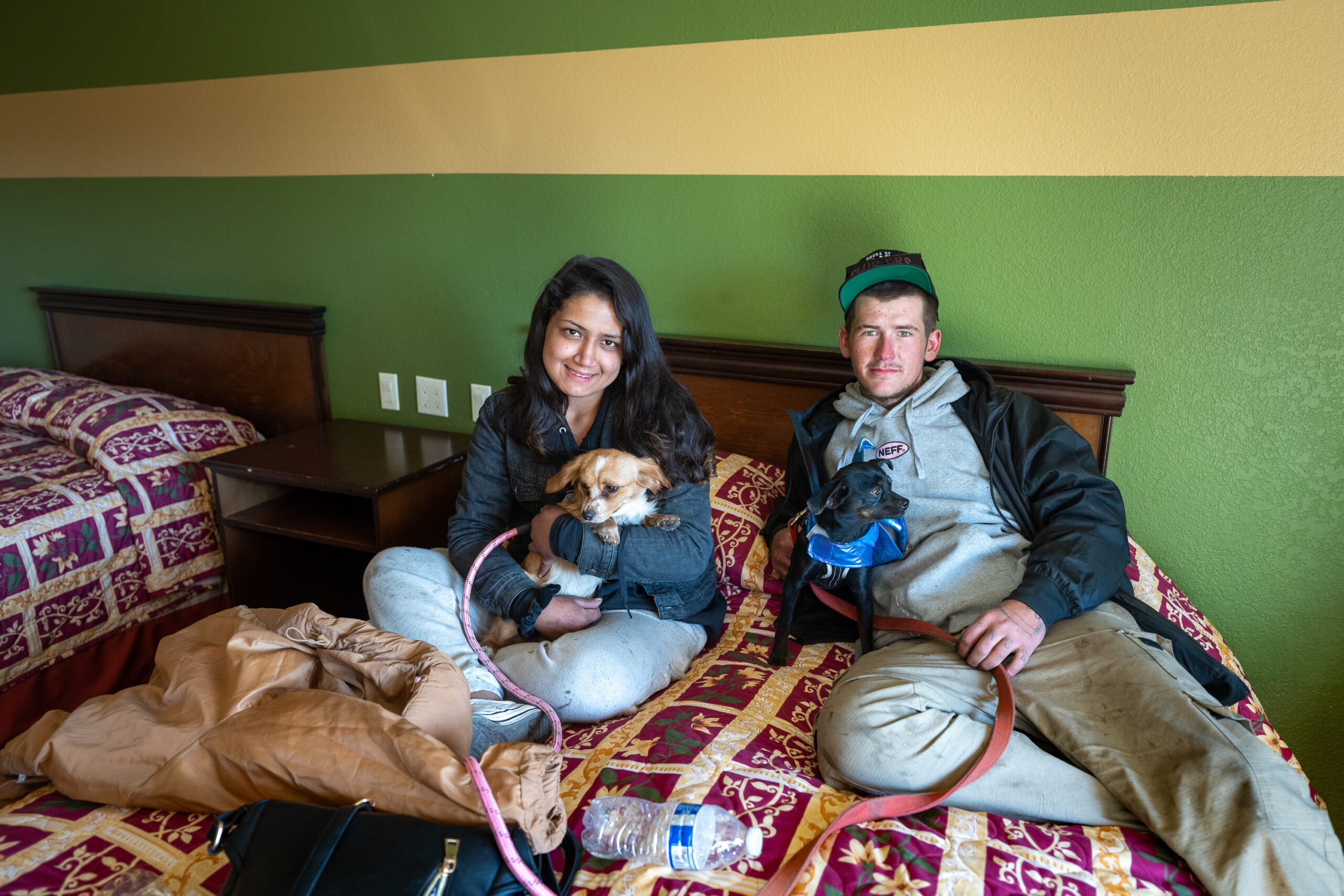 A man and woman sit on a bed, holding their dog. They are in an interim housing location at a local motel with green walls.