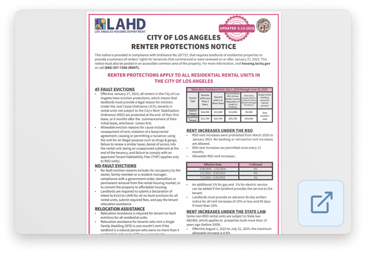 City of Los Angeles Renter Protections Notice outlining eviction rules and assistance resources for tenants facing housing instability.