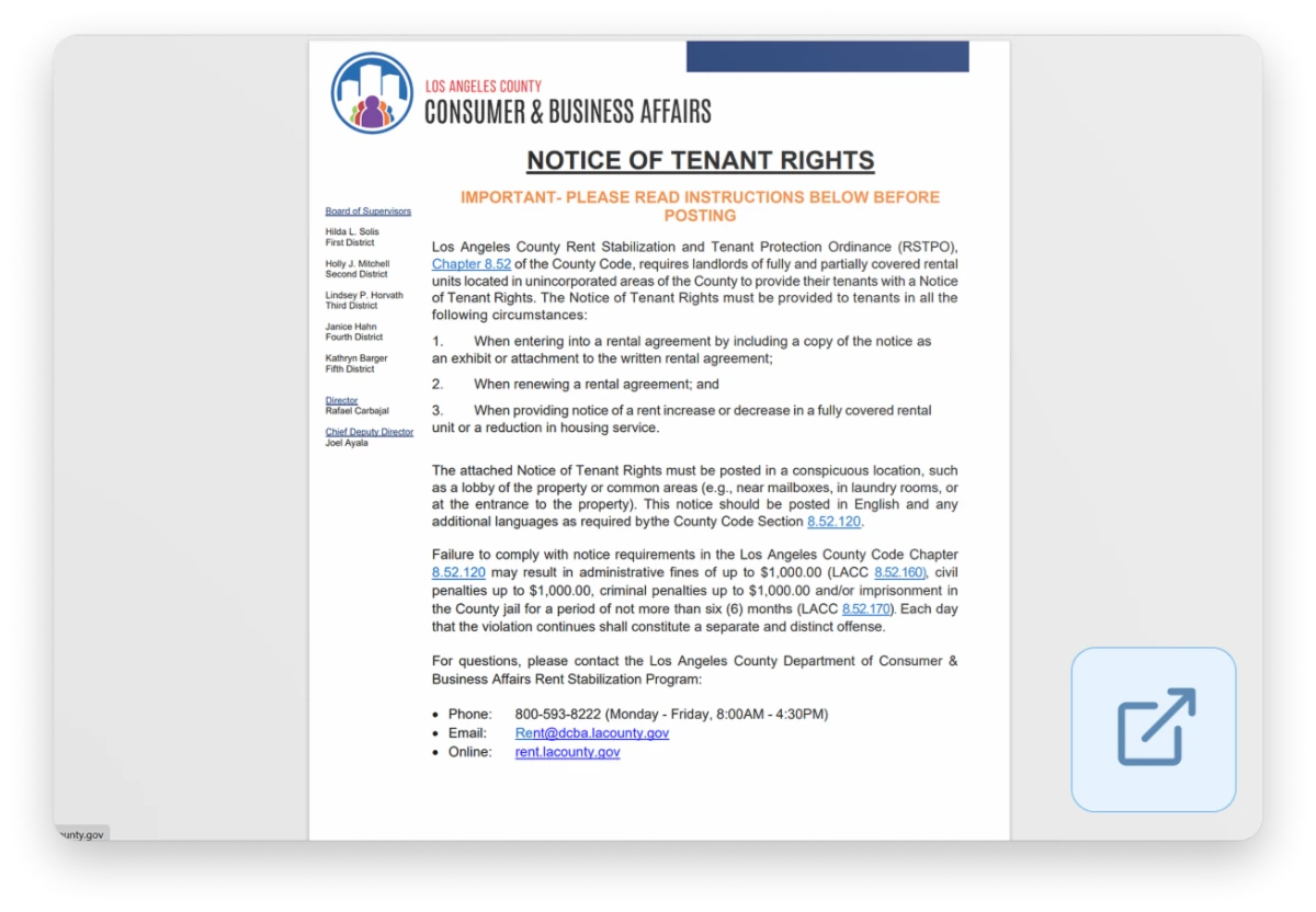 Notice of Tenant Rights from Los Angeles County, outlining protections and resources for renters facing housing challenges.
