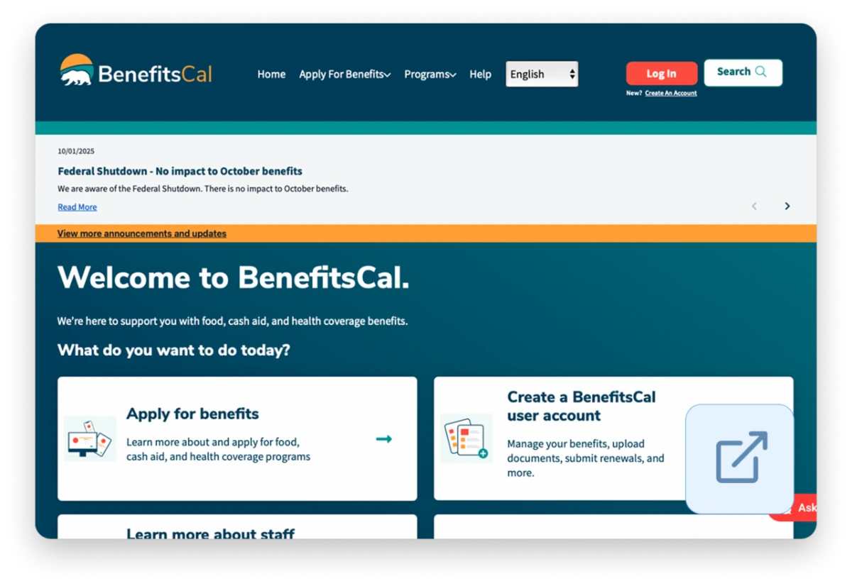 A welcoming homepage of BenefitsCal, offering resources for food, cash, and health coverage benefits in California.