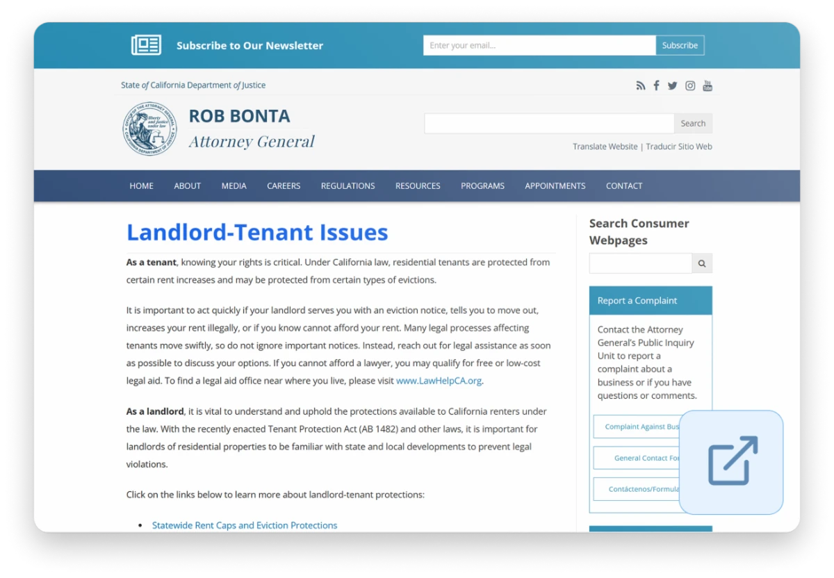 A webpage from the California Attorney General's office detailing landlord-tenant rights and protections against eviction.
