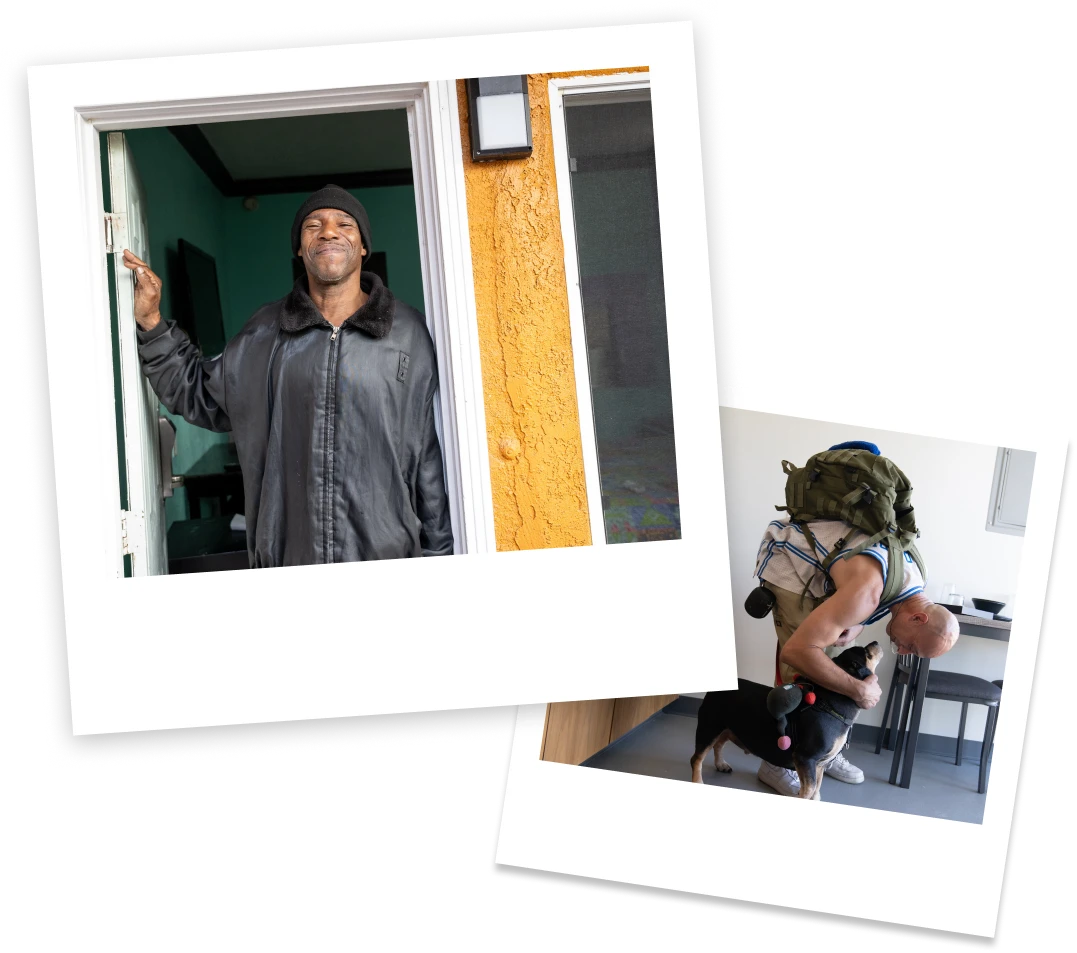 A smiling man stands at his new home, embracing stability after overcoming homelessness, with a backpack and dog by his side.