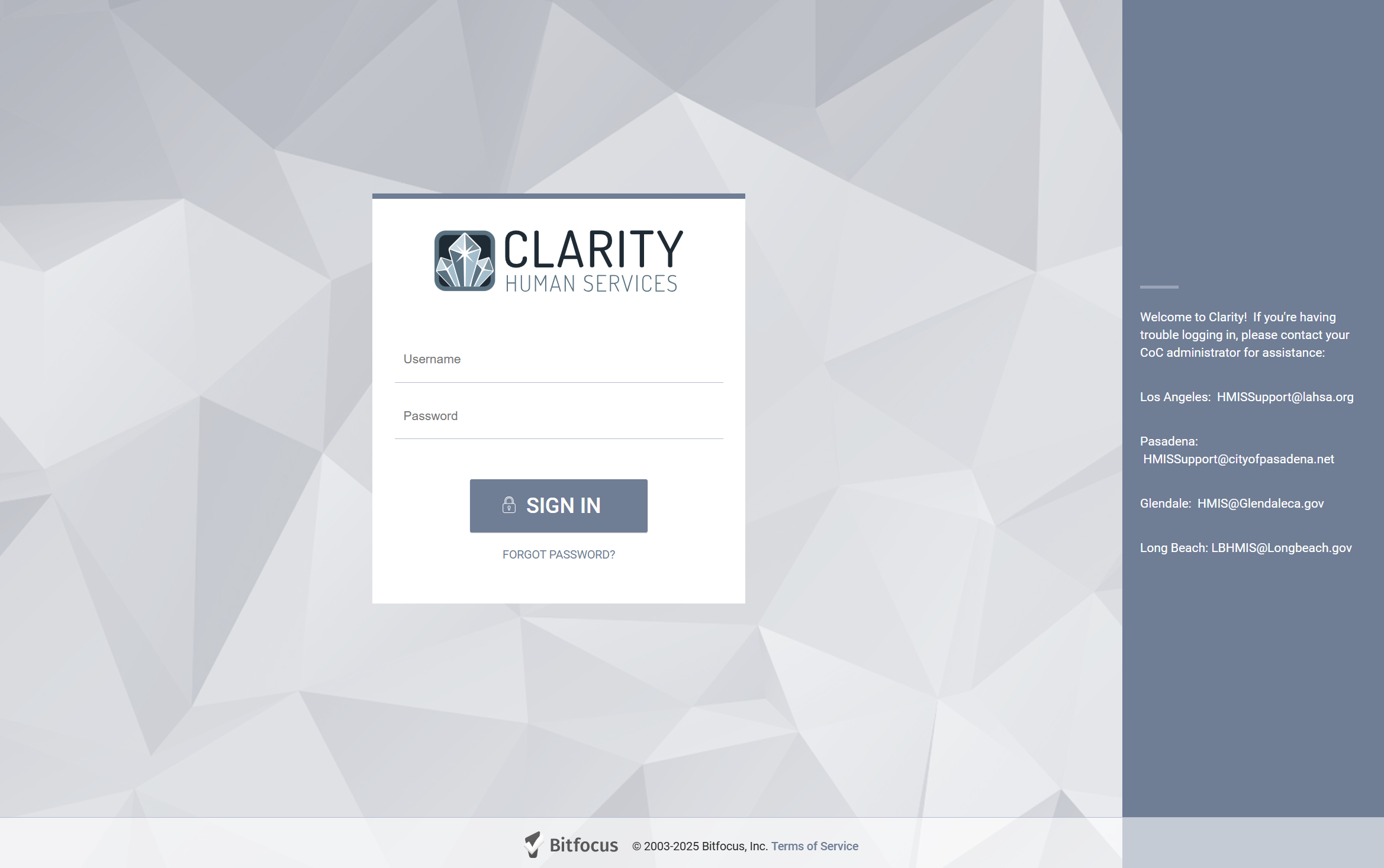 Login screen for Clarity Human Services, a platform supporting individuals experiencing homelessness in Los Angeles County.