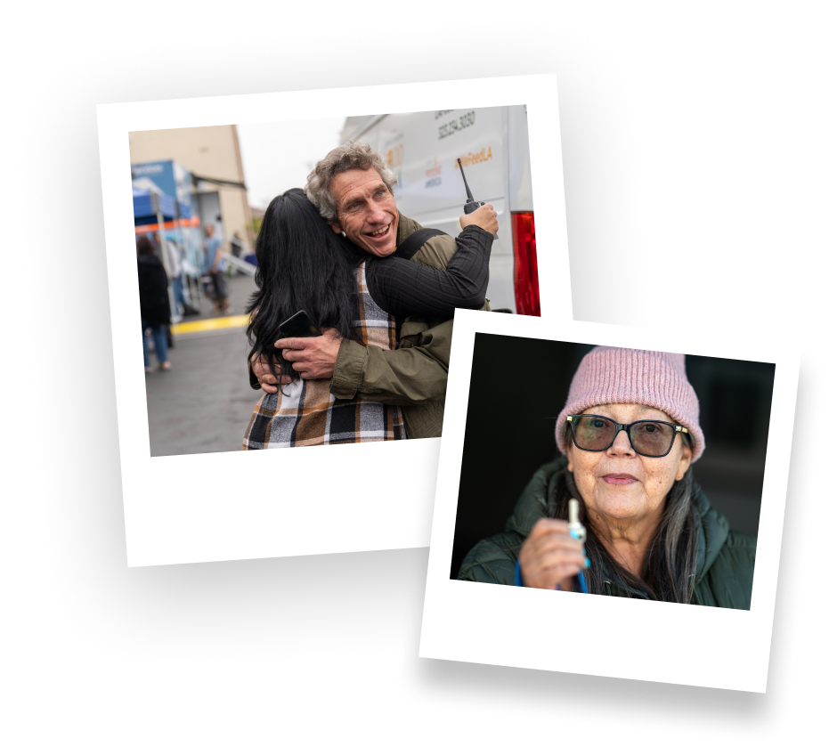 Two images: One shows individuals embracing in support, while the other features a woman holding a key, symbolizing hope and new beginnings.