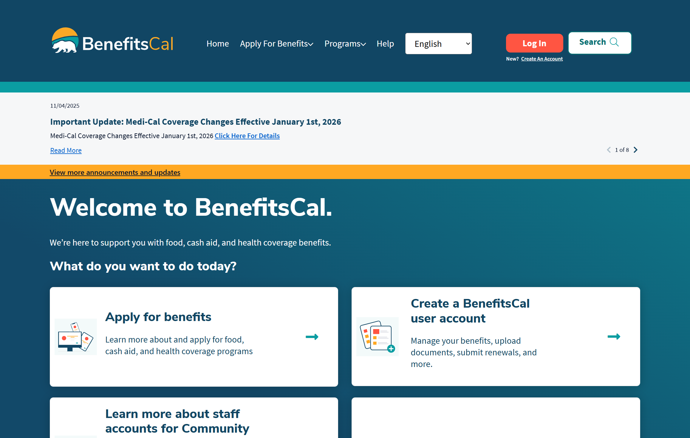A welcoming webpage offering resources for food, cash aid, and health coverage benefits in California.