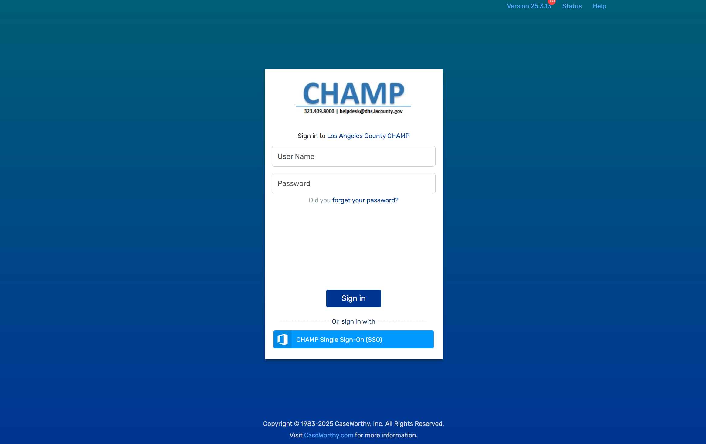 Login screen for the CHAMP platform, designed to assist Los Angeles County residents in accessing housing resources.