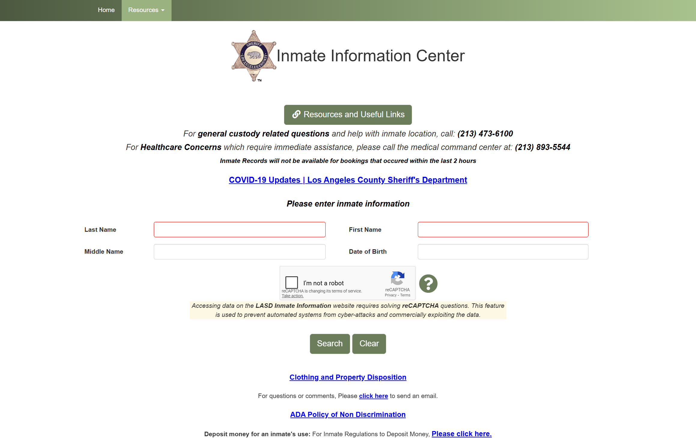 A user-friendly webpage for accessing inmate information, featuring a sheriff's badge and contact details for assistance.