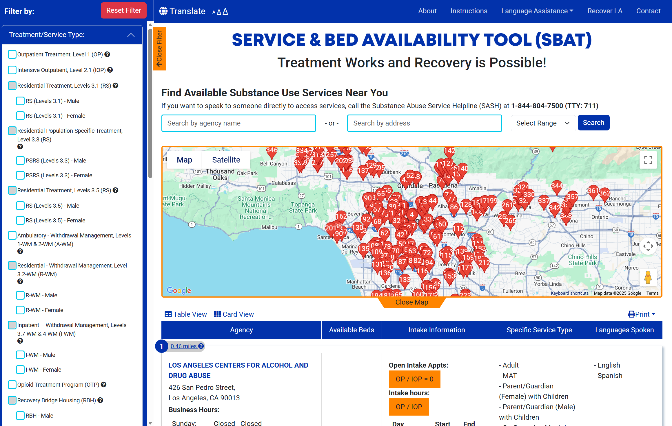 A map displaying substance use treatment services in Los Angeles County, highlighting accessible resources for recovery.