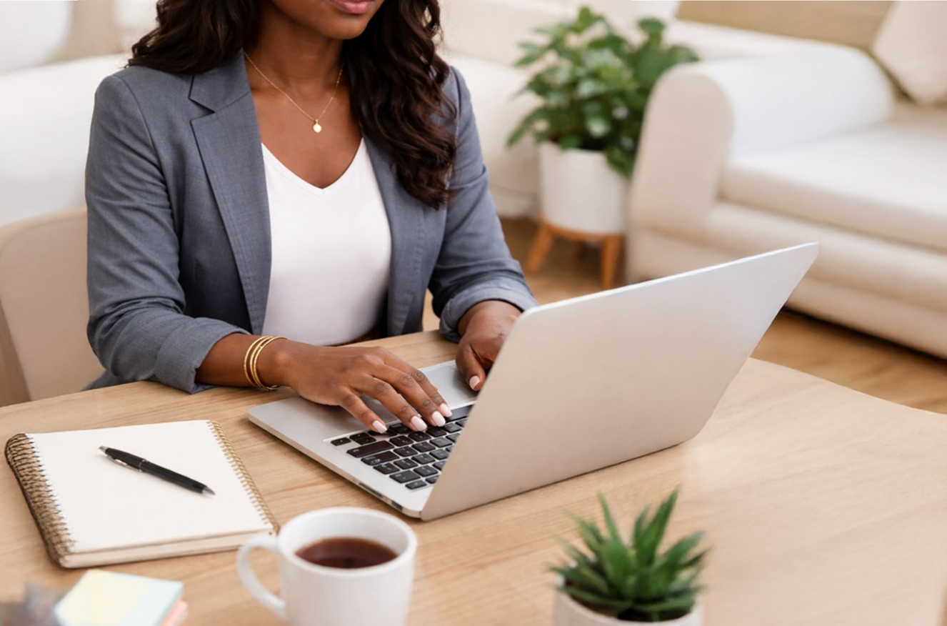 A woman in a blazer works on a laptop at a desk, symbolizing empowerment and access to resources for overcoming challenges.