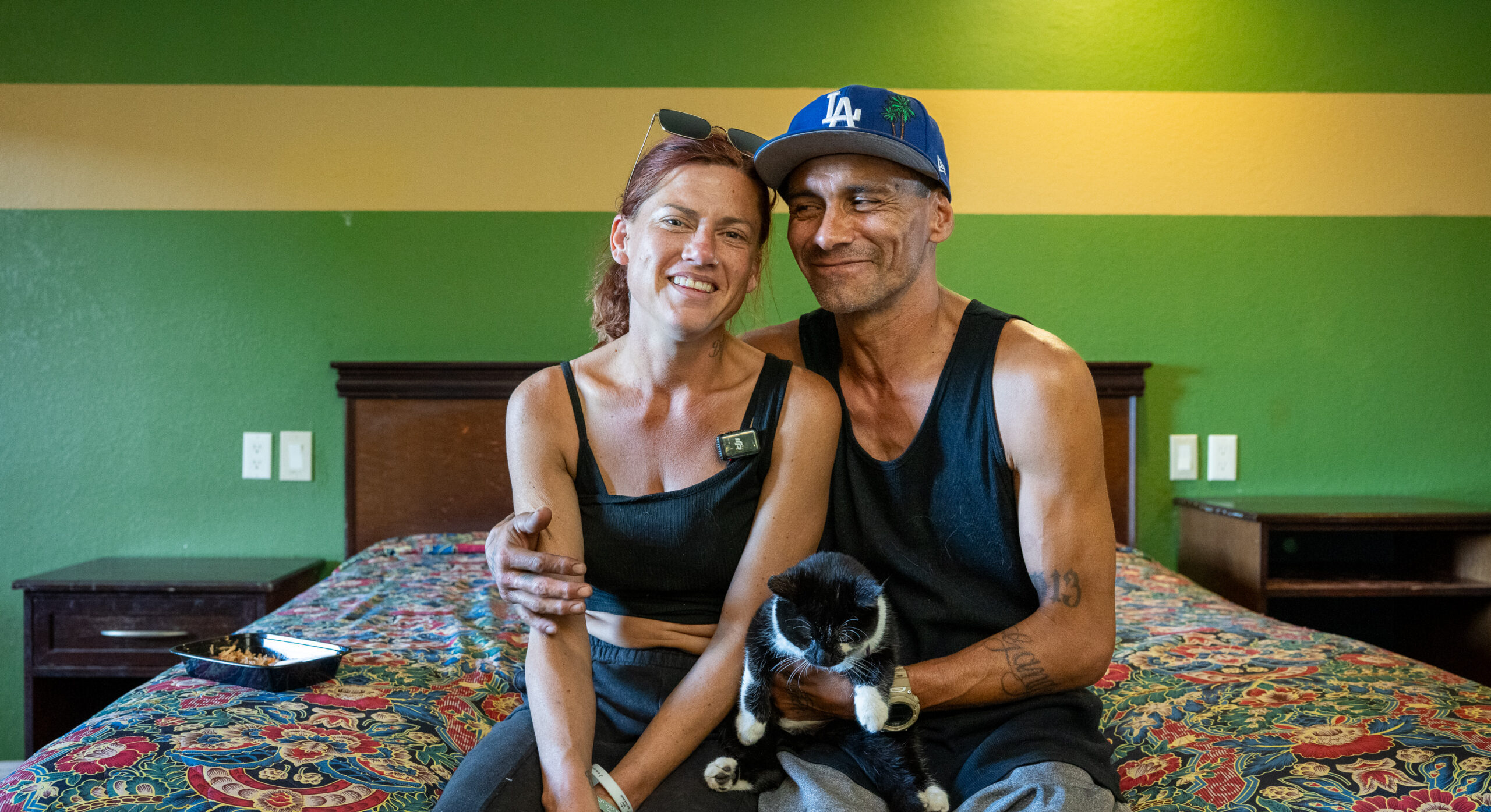 Amber Wilson and Jason Sweeney sit in their interim housing during a Pathway Home operation in Santa Fe Springs, Wednesday, Feb. 25, 2026. (Photo by Michael Owen Baker)
