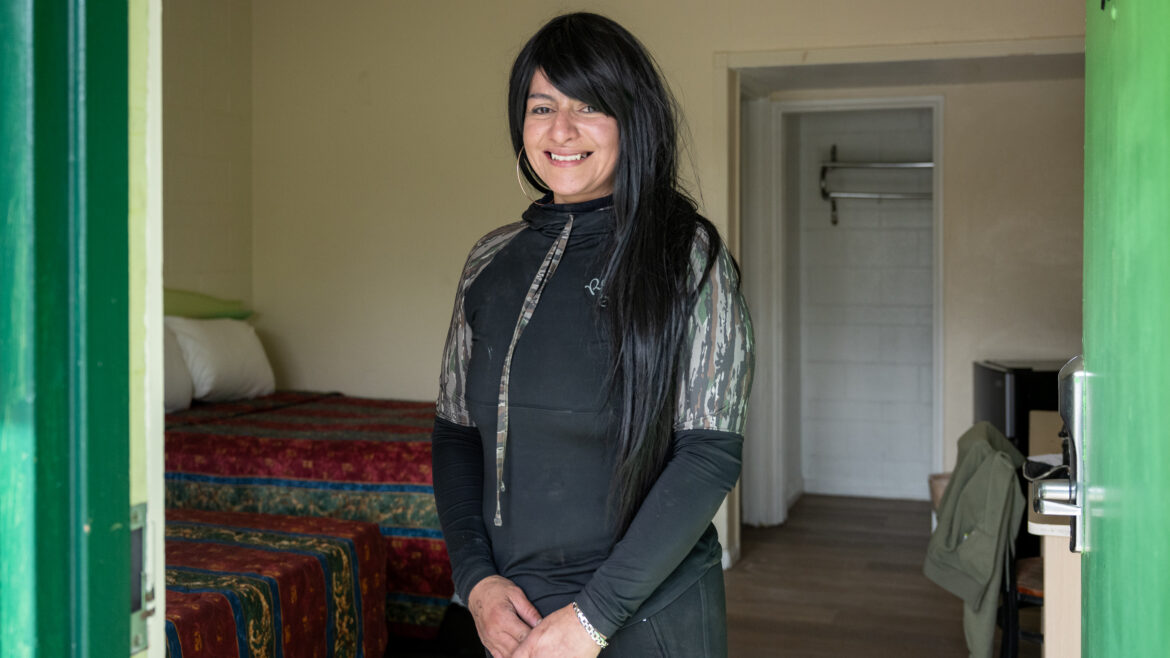 Alma stands in her interim housing during a Pathway Home operation in Lancaster, Wednesday, Feb. 11, 2026. (Photo by Michael Owen Baker)