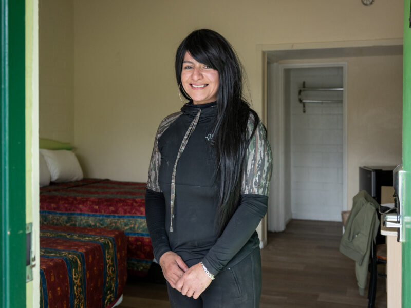 Alma stands in her interim housing during a Pathway Home operation in Lancaster, Wednesday, Feb. 11, 2026. (Photo by Michael Owen Baker)