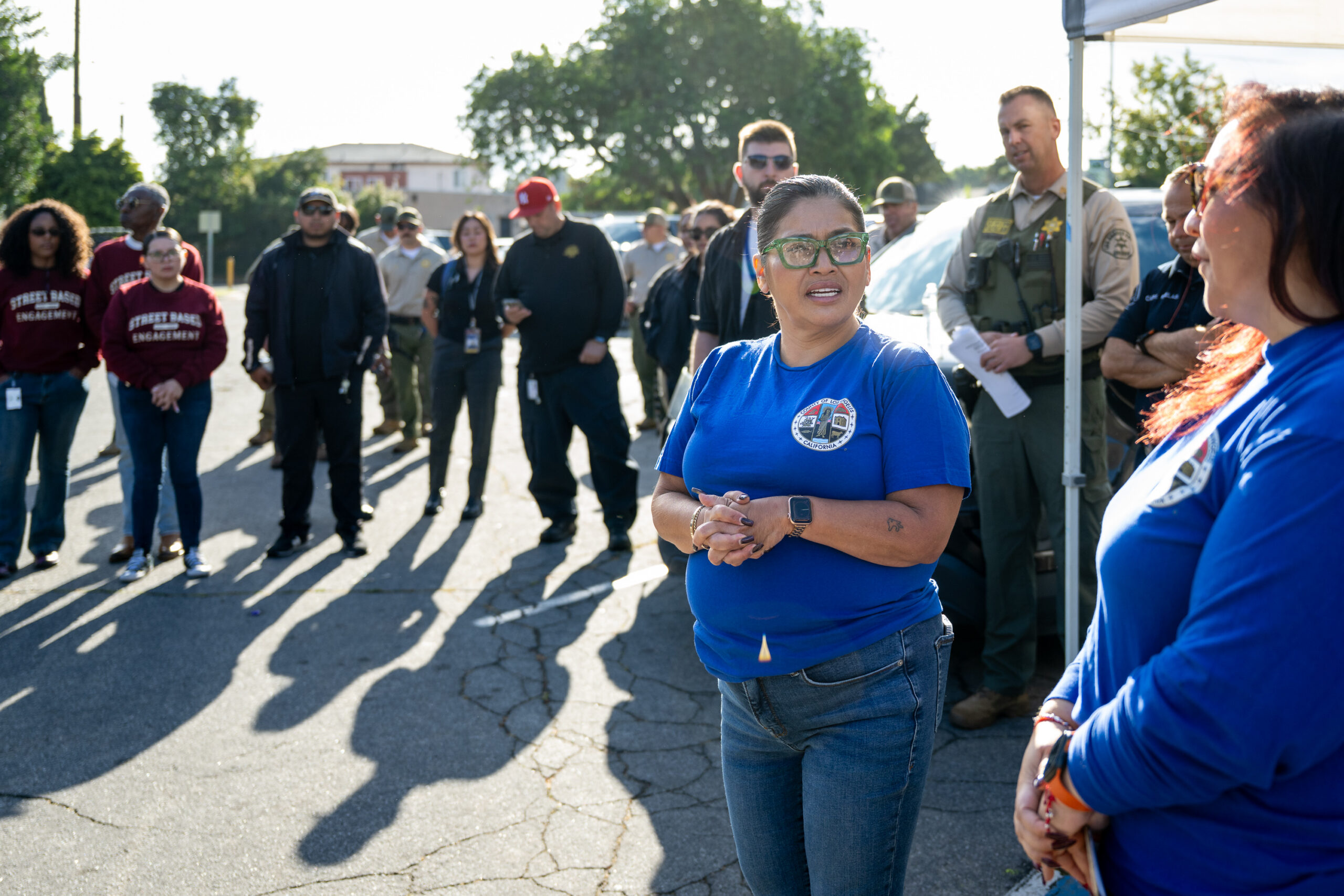 LA County HSH principal analyst Kim Barnette speaks during a briefing before a Pathway Home operation in Willowbrook, Wednesday, April 1, 2026. (Photo by Michael Owen Baker)
